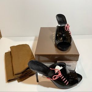 Gucci Patent black and pink corset mules NEW